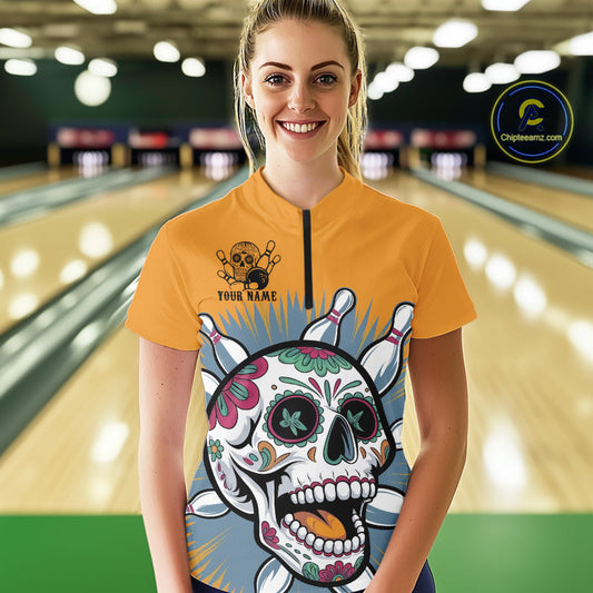 Custom Sugar Skull Bowling Women Quarter-Zip Shirt, Halloween Bowling Team Outfit IPHW9253
