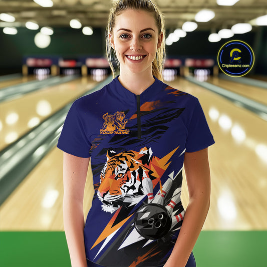 Custom Tiger Bowling Jerseys, Tiger Bowling Quarter-Zip Team Shirts For Women IPHW9490