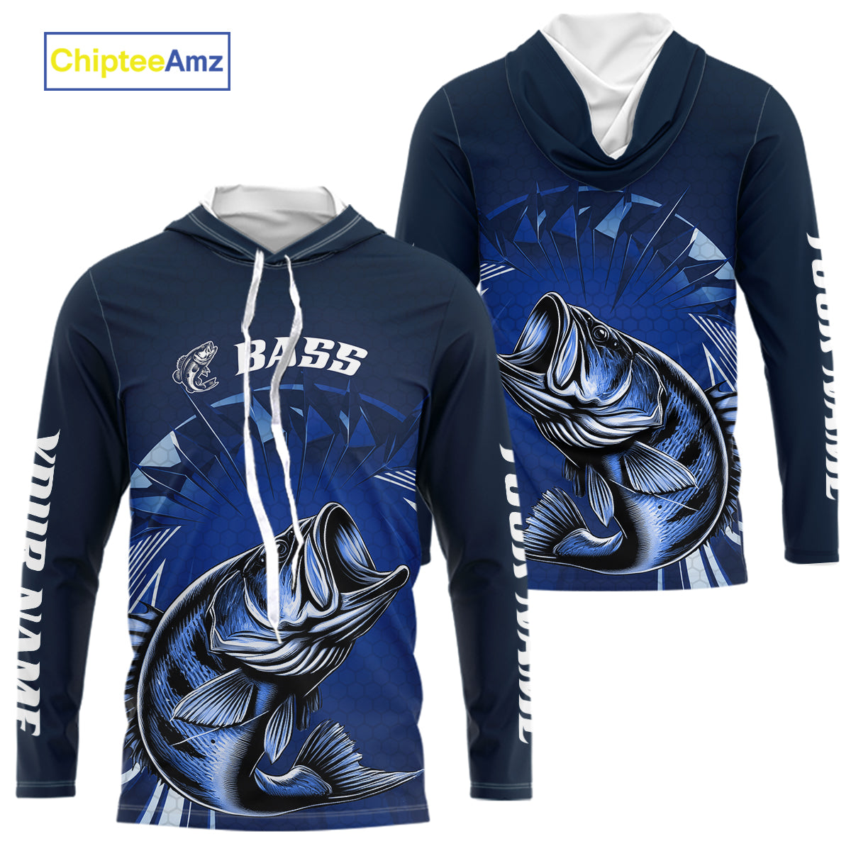 Custom Largemouth Bass Blue Long Sleeve Hooded Tournament Fishing Shirts, Bass Fishing Jerseys IPHW9178
