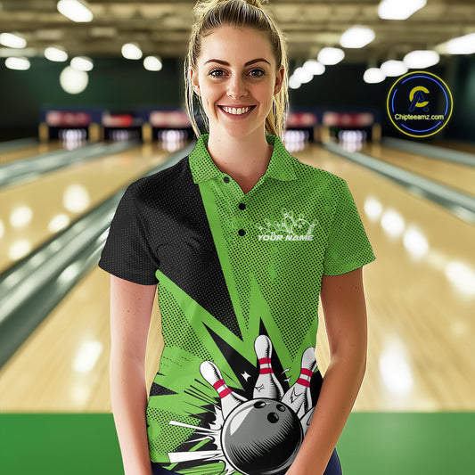 Custom Green Bowling Jerseys, Bowling Team Women Polo Shirts Bowling League Shirt IPHW9392