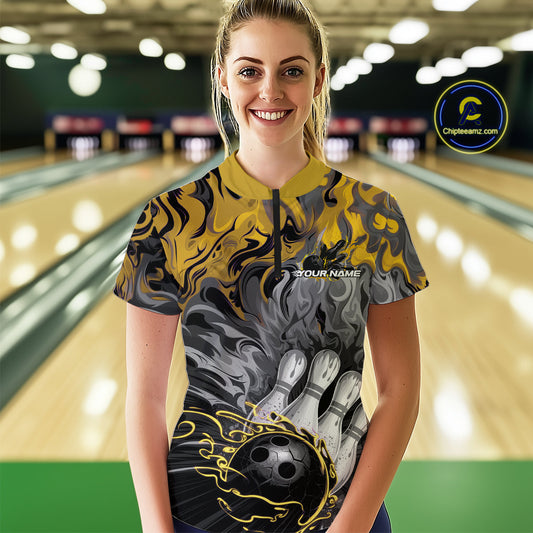 Custom Yellow Fame Bowling Team Quarter-Zip Shirts For Women, Fire Bowling Jerseys IPHW9562