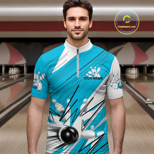 Custom White And Blue Bowling Team Men Quarter-Zip Shirts, Bowling Ball And Pins Jerseys IPHW9600