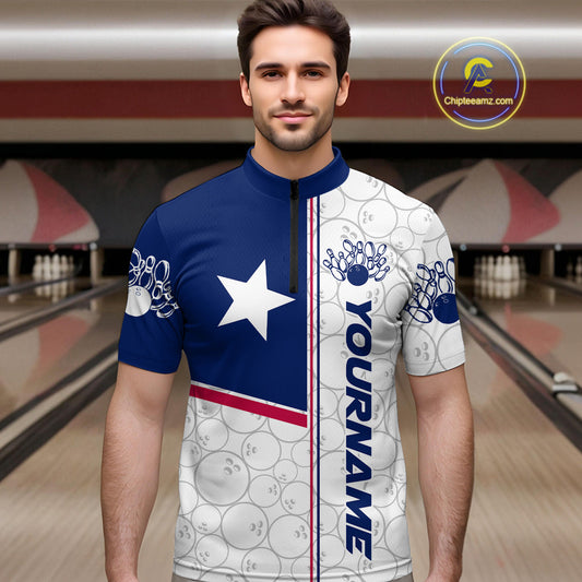 Custom Texas Flag Bowling Team Men Quarter-Zip Shirts, Texas Bowling League Shirt Team Uniform IPHW9631