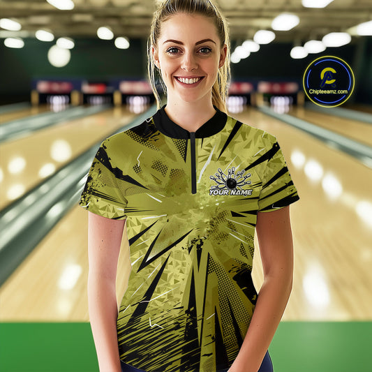 Custom Military Green Camo Bowling Team Women Quarter-Zip Shirts, Bowling League Shirt IPHW9384