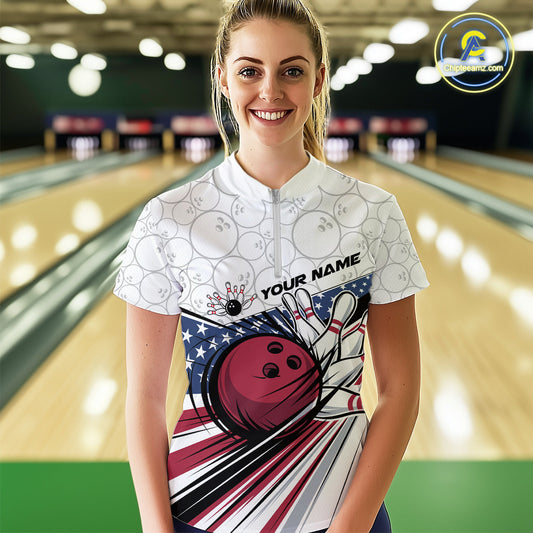 Custom Patriotic US Flag Bowling Women Quarter-Zip Shirt, Bowling Pattern Shirt IPHW9594