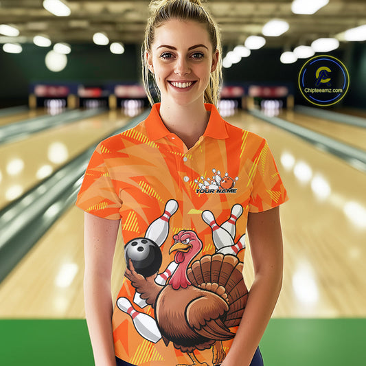 Custom Funny Thanksgiving Turkey Bowling Women Polo Shirts, Bowling League Shirt IPHW9769