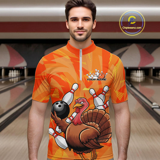 Custom Funny Thanksgiving Turkey Bowling Men Quarter-Zip Shirts, Bowling League Shirt IPHW9769