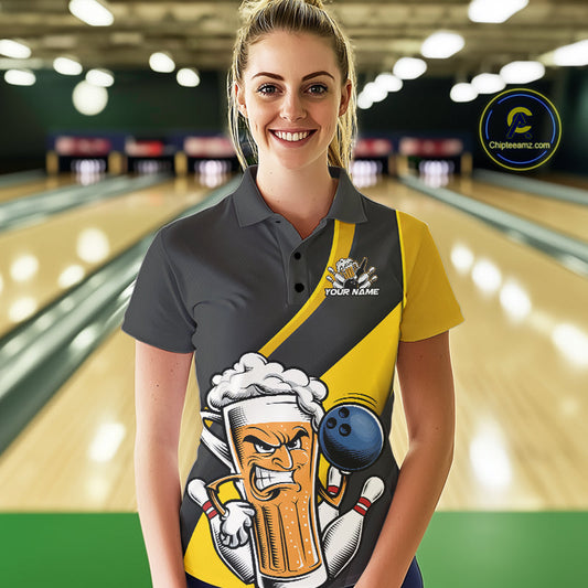 Custom Grunge Yellow Funny Bowling And Beer Polo Shirts For Women, Bowling Team Uniform IPHW9608