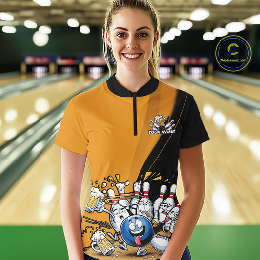 Custom Yellow Funny Bowling Women Quarter-Zip Shirt, Bowling And Beer Party Bowler Outfit IPHW9610