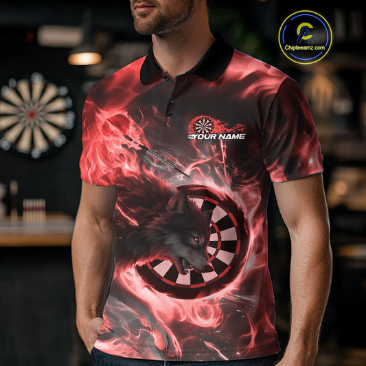 Custom Red Fire Flame Dart Wolf Men Polo Shirts, Dart League Shirt Team Jerseys IPHW10004