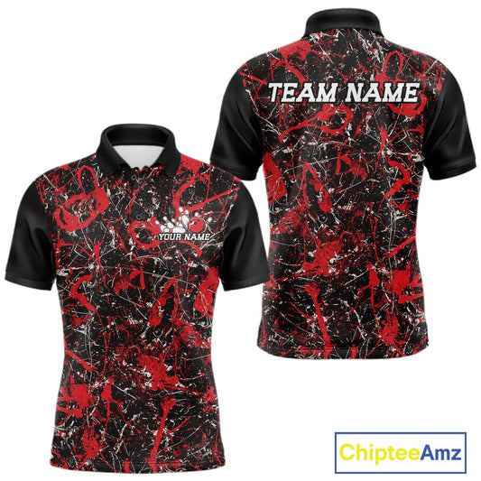 Front and back views of a black polo shirt with red paint-splatter graphics, personalized with “Your Name†on the chest and “Team Name†across the back.