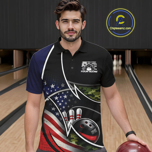 Custom Patriotic US Flag Bowling Team Shirts, Freedom Military Camo Men Bowling Jerseys IPHW10531