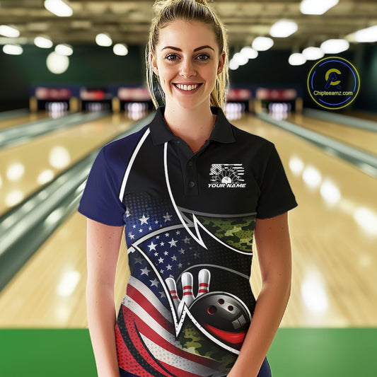 Custom Patriotic US Flag Bowling Team Shirts, Freedom Military Camo Women Bowling Jerseys IPHW10531