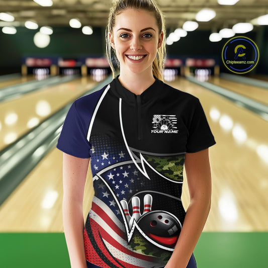Custom Patriotic US Flag Bowling Team Shirts, Freedom Military Camo Women Bowling Jersey IPHW10531