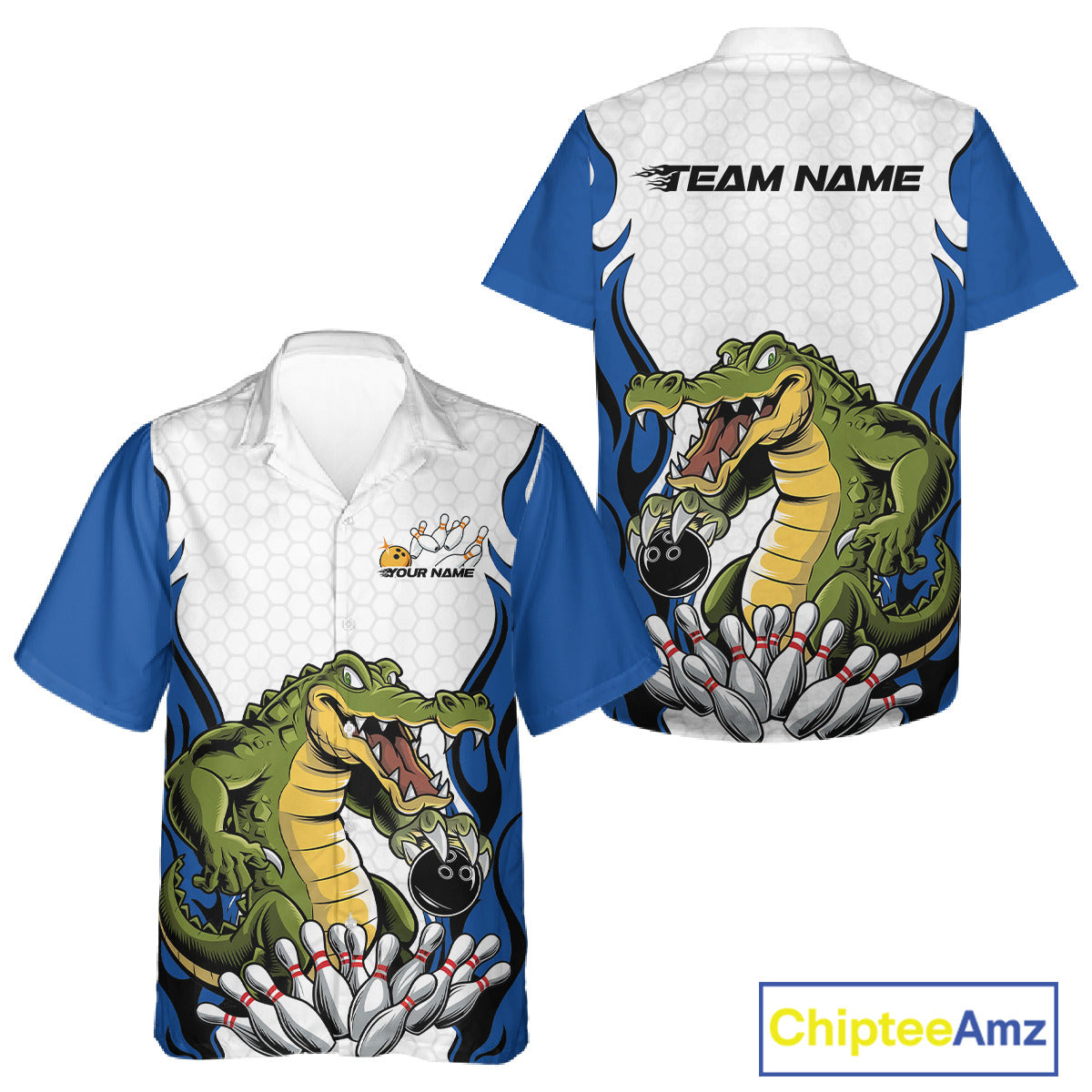 Custom Funny Alligator Bowling Men And Women Hawaiian Shirt, Alligator Blue Bowling Team League Shirt IPHW10684