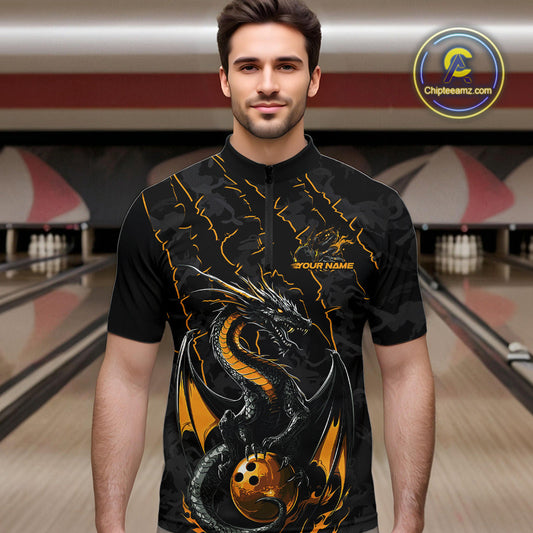 Custom Gray And Yellow Camo Dragon Claws Bowling Men Quarter-Zip Shirts, Team Bowling Jerseys IPHW9857