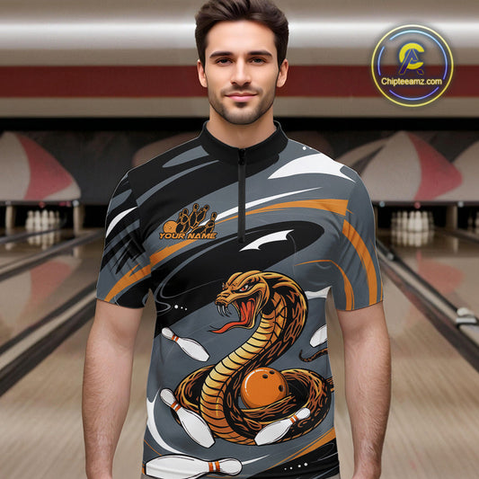 Custom Gray And Yellow Cobra Snake Bowling Quarter-Zip Shirt For Men, Cobra Bowling Team Jersey IPHW9892
