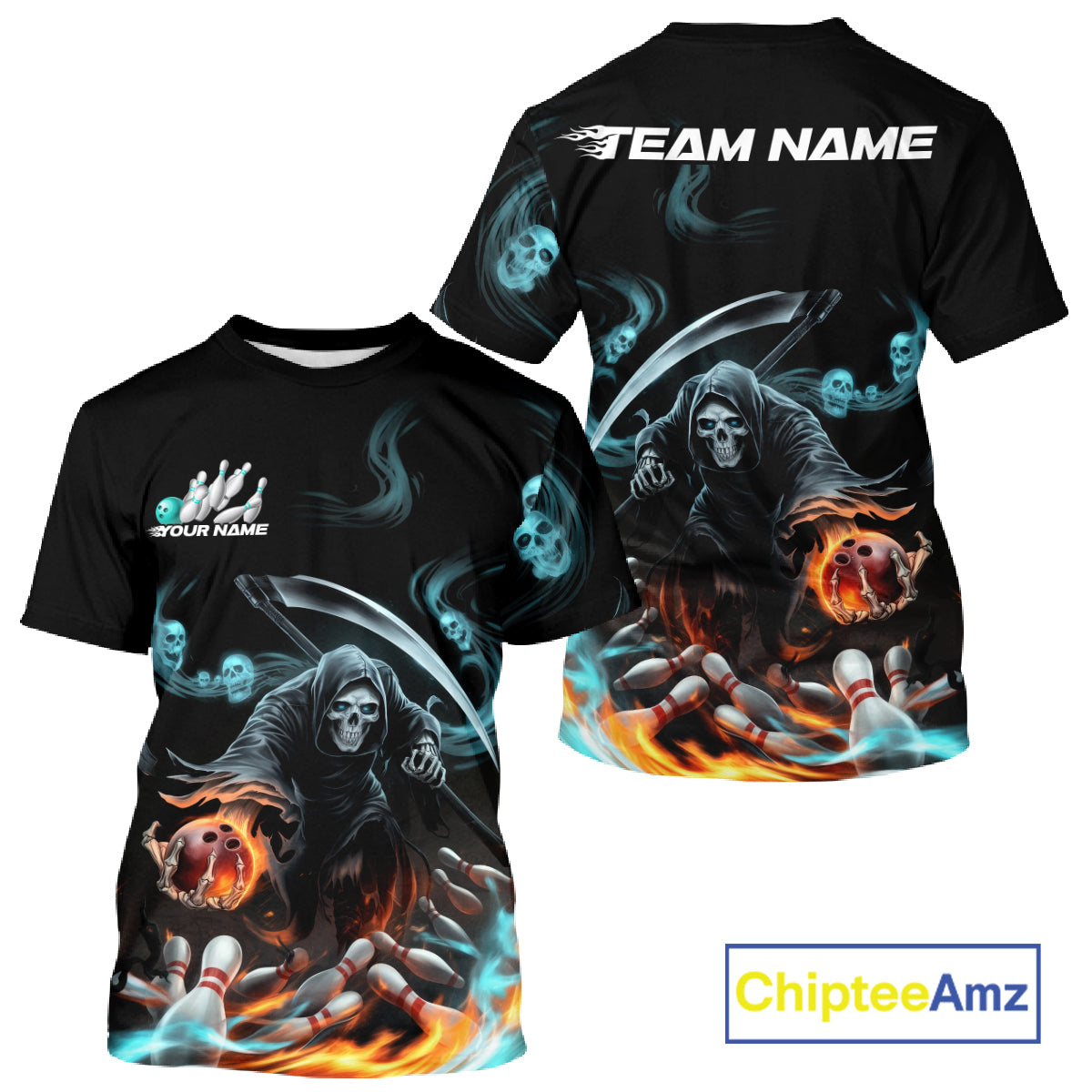Custom Blue Skull Smoke Grim Reaper Bowling Men T-Shirts Shirt, Halloween Bowling Jerseys IPHW9900