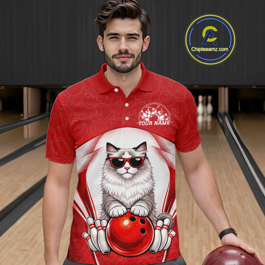 Male model at a bowling lane wearing a bowling polo shirt with a ragdoll cat in sunglasses and bowling ball artwork.