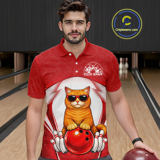 Male model wearing a white and red bowling polo shirt at a bowling lane with an orange British Shorthair cat and bowling ball artwork.