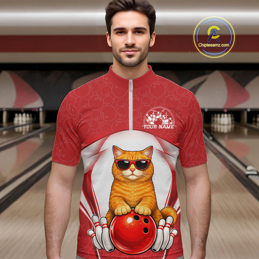 Male model wearing a white and red bowling quarter-zip shirt at a bowling lane with an orange British Shorthair cat and bowling ball artwork.