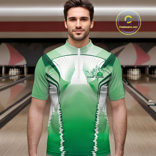 Custom Green Bowling Team Jerseys, Bowling Uniform Bowling League Quarter-Zip Shirts For Men IPHW9938
