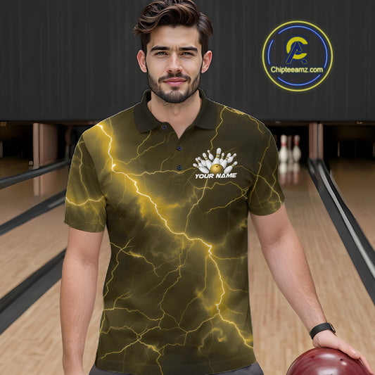 Male model at the bowling lane wearing a bowling polo with yellow cobra graphics and bowling-themed accents.