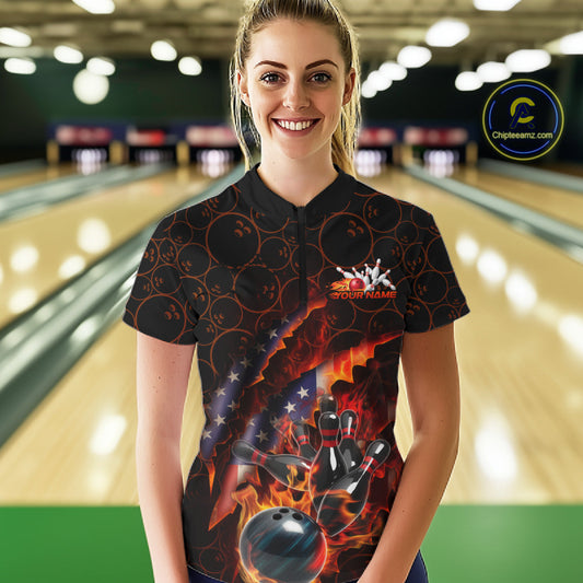 Custom Patriotic Flame Women Bowling Team Shirt, US Flag Bowling League Team Shirt IPHW10192