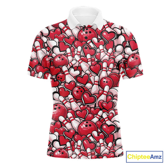 Custom Red Heart Theme Valentine Bowling Couple Shirt, Love Bowling Jerseys With His Name And Her Name IPHW10477