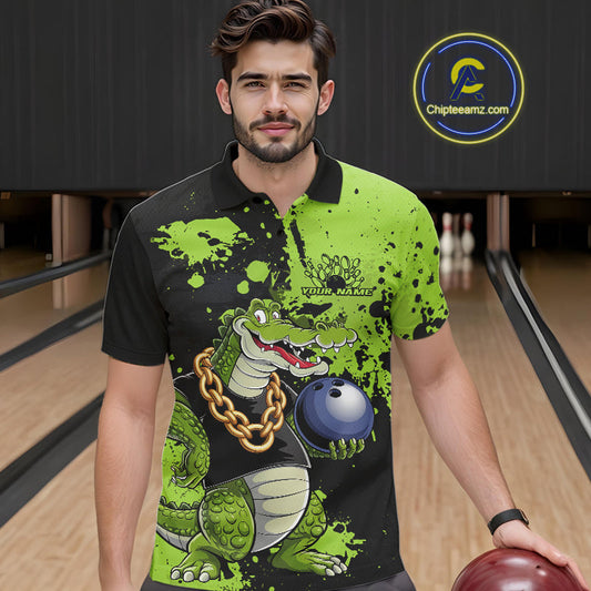 Custom Green Splatter Funny Alligator Bowling Men Polo Shirts, Bowling Team Shirts IPHW9921
