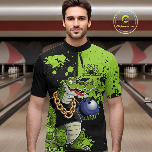 Custom Green Splatter Funny Alligator Bowling Men Quarter-Zip Shirts, Bowling Team Shirts IPHW9921