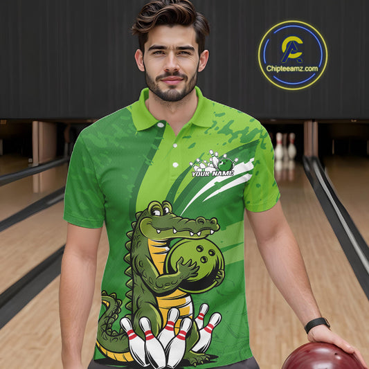 Custom Funny Alligator Bowling Tournament Team Jerseys, Alligator Bowling Men Polo Shirt IPHW9925