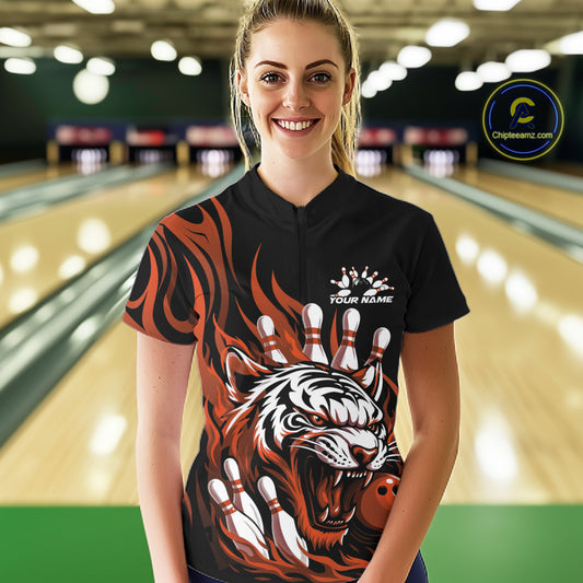 Custom Black And Orange Tiger Women Bowling Jerseys, Tiger Bowling Team League Shirt IPHW10162