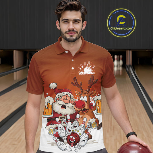 Custom Orange Funny Christmas Men Bowling Shirts, Bowling And Beer Xmas Party Shirt IPHW10206