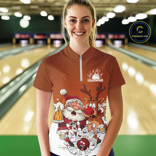 Custom Orange Funny Christmas Women Bowling Shirts, Bowling And Beer Xmas Party Shirt IPHW10206