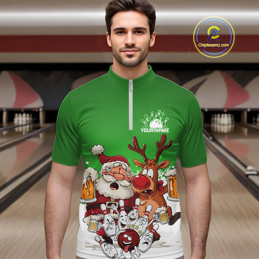 Custom Green Funny Christmas Men Bowling Shirts, Bowling And Beer Xmas Party Shirt IPHW10207