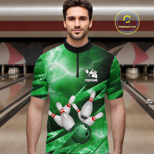 Green Storm Lightning Thunder Bowling Polo, Quarter Zip Shirt For Men Custom Bowling Team Jersey NQS11719