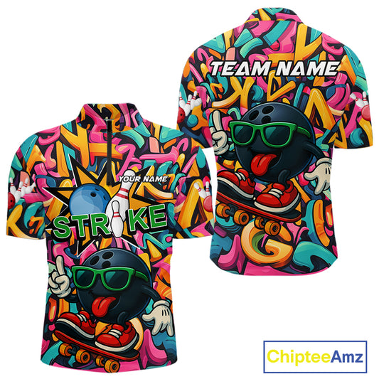 Funny colorful graffiti pattern Bowling Team Polo, 1/4 Zip Shirt For Men Custom Mens Bowling Jersey NQS10823