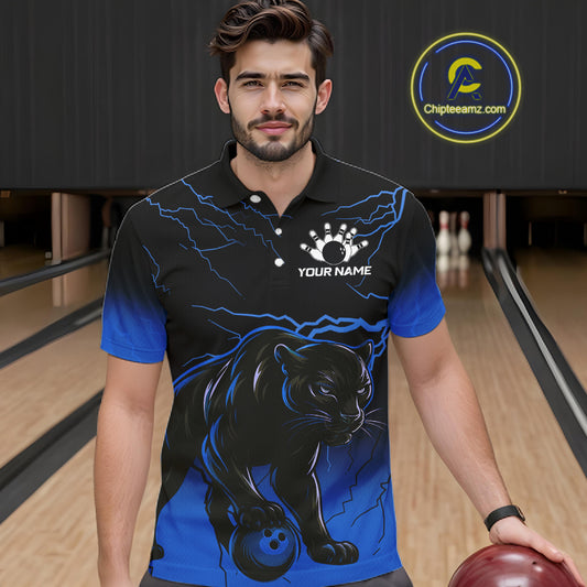 Black and Blue Lightning Thunder Panther Bowling Team Shirts For Men Custom Panther Bowling Jerseys NQS11205