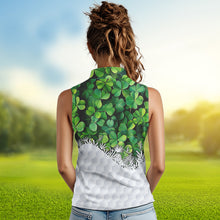 Load image into Gallery viewer, Women sleeveless polo shirt custom Green clover golf pattern St Patrick Day golf attire for ladies NQS9473