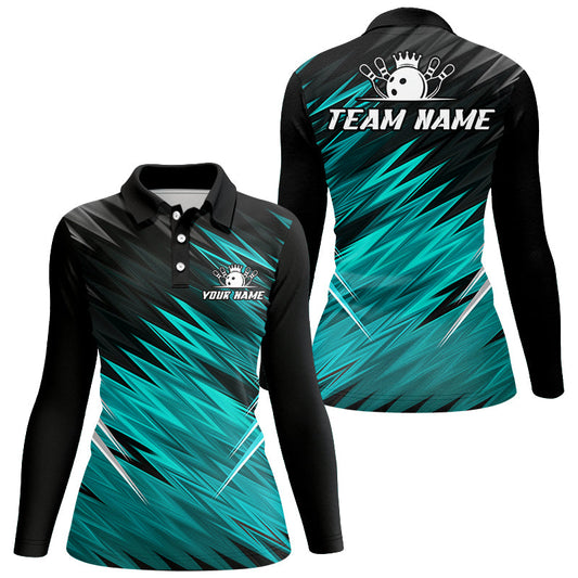 Cyan Blue and Black Bowling Shirts For Women Custom Name and Team name Bowling Jerseys Bowlers Outfit NQS8889