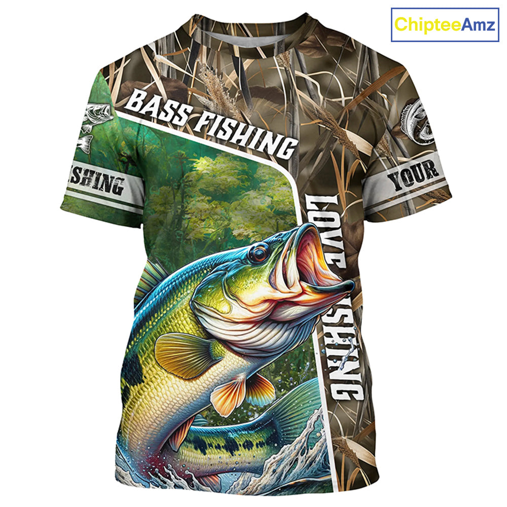 Personalized Bass Fishing Shirts, Love Fishing Camo 3D All Over Printed Shirts NQS210