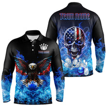 Load image into Gallery viewer, Blue Flame Smoke American Flag Eagle Skull Mens Bowling Shirts Custom Patriotic Bowling Team Jersey NQS9659