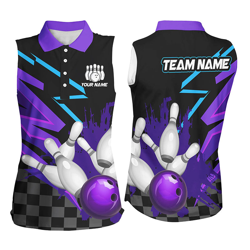 Black and purple Women Bowling Sleeveless Polos Custom team bowling jerseys, women bowling outfits NQS8446
