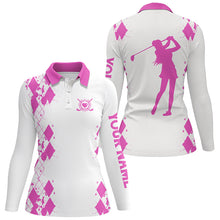 Load image into Gallery viewer, Womens golf polos shirts custom name white golf shirt, golfing gifts | Pink NQS4509