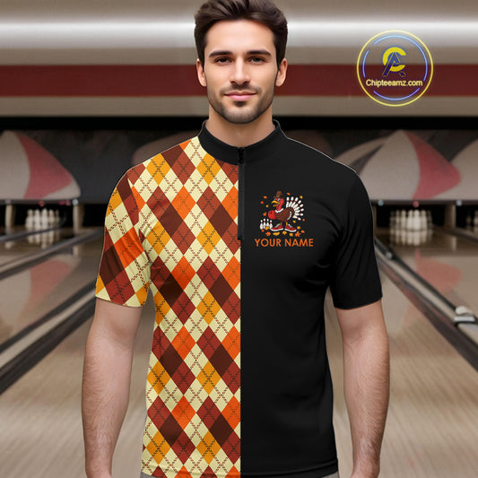 Funny Bowling Turkey Thanksgiving Mens Bowling Shirt Orange argyle pattern Custom Team Bowling Jersey NQS10848