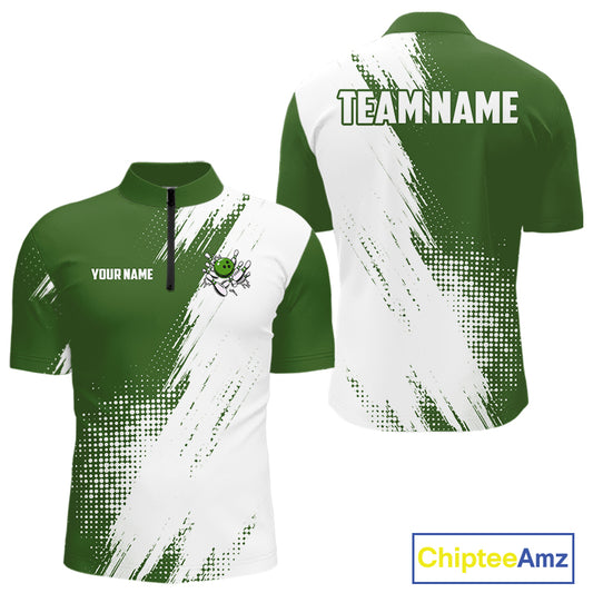 Custom Green and White Strike Bowling Shirts Men Polo, Quarter Zip Bowling Team Jersey Bowling League NQS11037