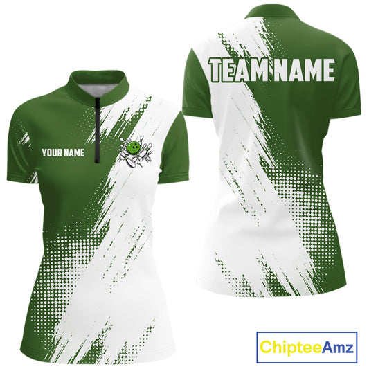 Custom Green and White Strike Bowling Shirts Women Polo, 1/4 Zip Bowling Team Jerseys Bowling League NQS11037