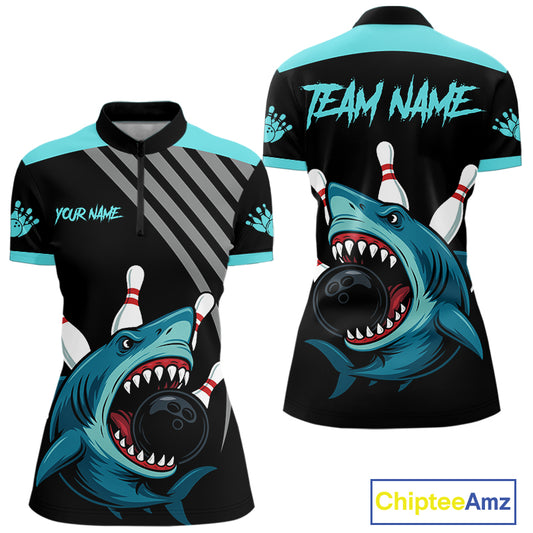 Funny Cyan Blue Shark Women Bowling Polo, Quarter Zip Shirts Custom Team Shark Bowling Outfit Jersey NQS11042