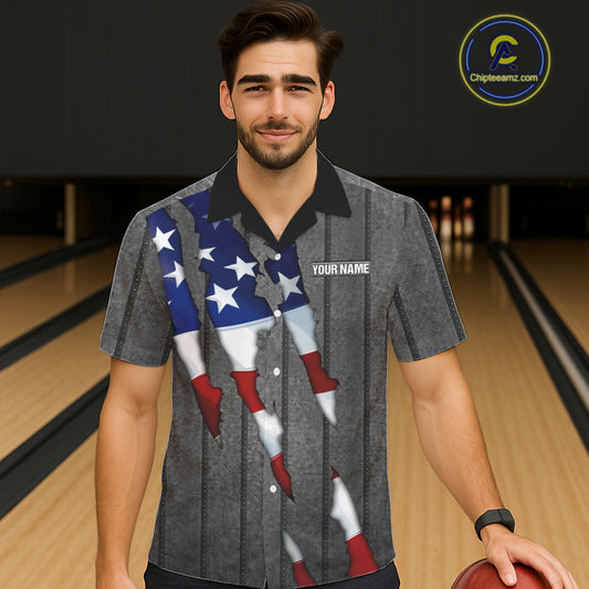 American Flag metal pattern Skull Bowling Button-up Shirts Custom patriotic Bowling Team Jerseys NQS11734